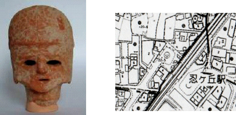 忍ヶ丘駅前遺跡出土 人物埴輪（頭部）・写真と地図