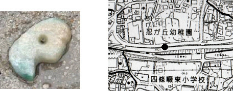 城遺跡出土 翡翠製獣形勾玉・写真と地図