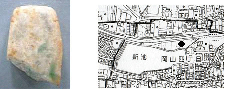 更良岡山遺跡出土 翡翠製磨製石斧・写真と地図