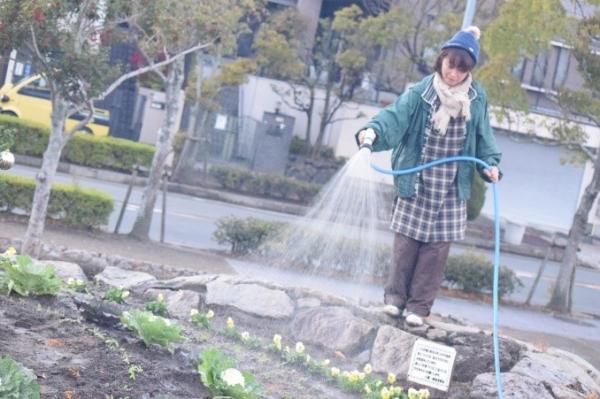 花壇に水をやる参加者の方の画像