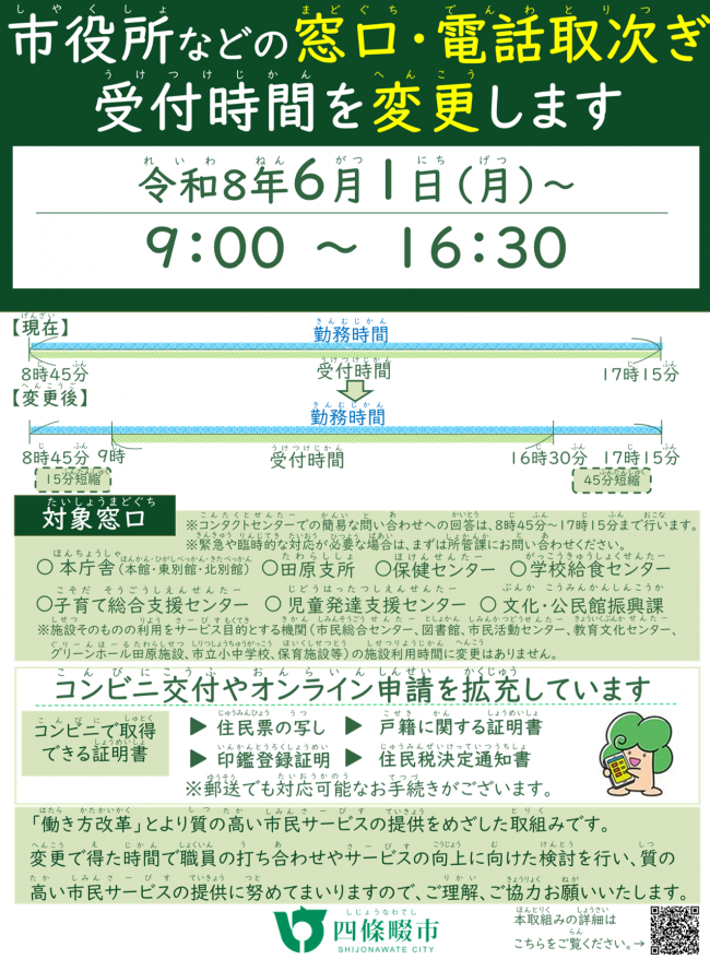 市役所等の窓口受付時間が変わりますポスター